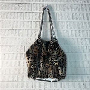 B.Makowsky Stylish Leopard Print Faux Fur Bag with Silver Accents